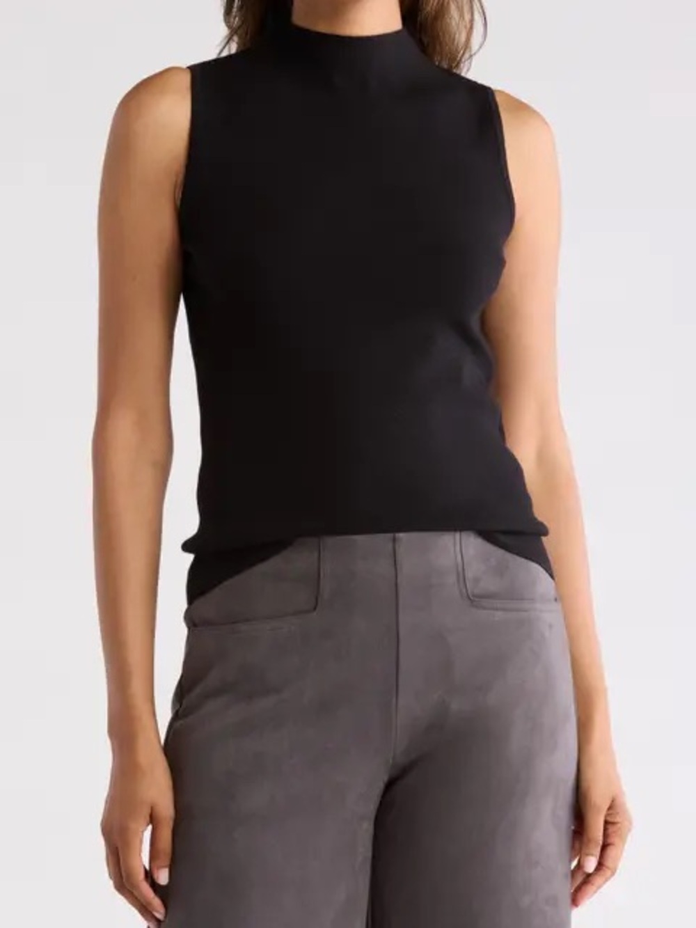 Tahari Black Sleeveless Mock-Neck Ribbed Tank